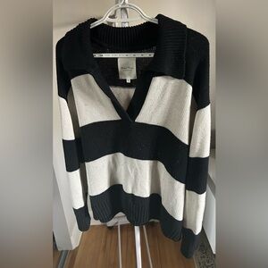 White and Navy Striped V-Neck Sweater